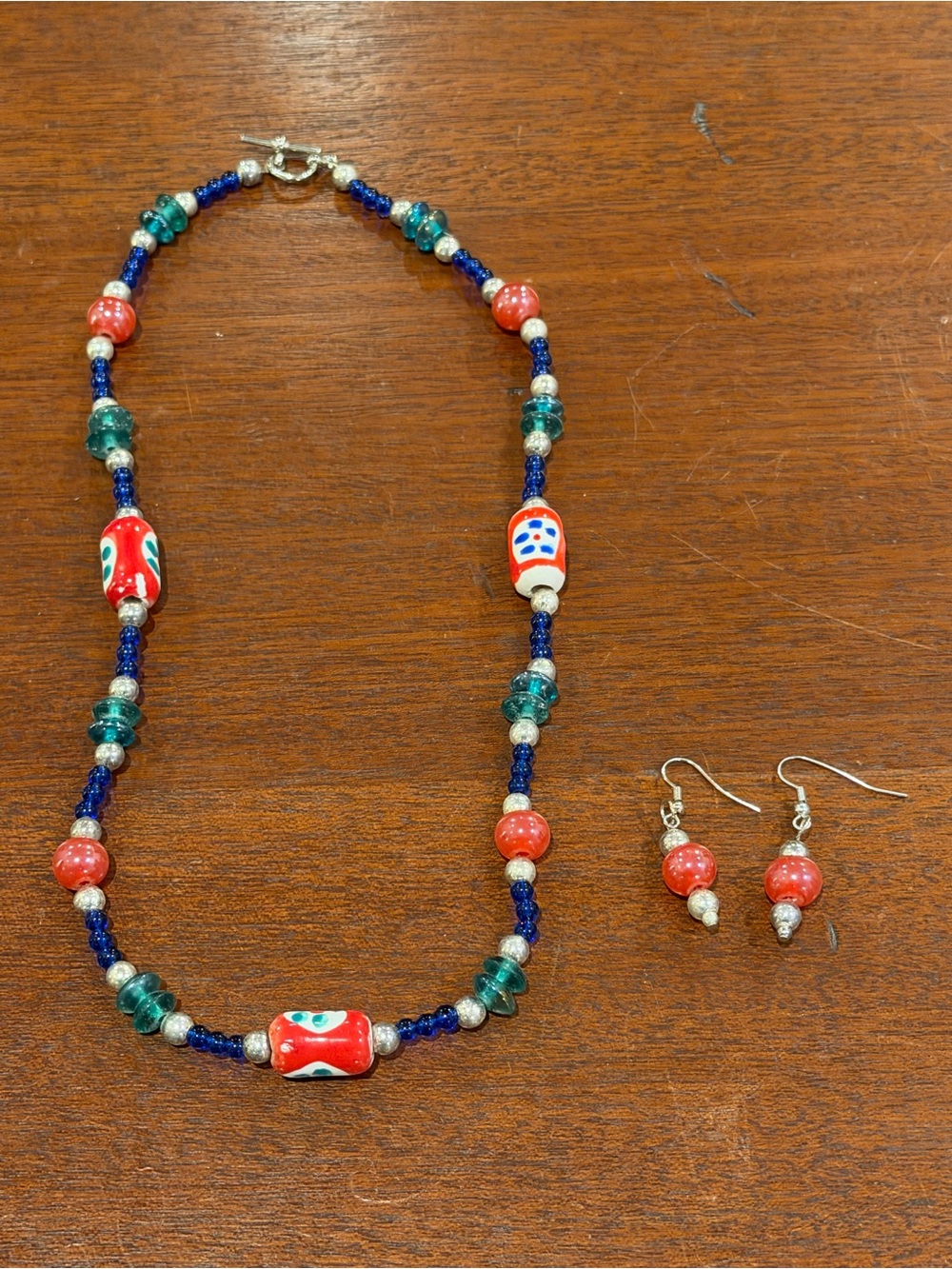 Multicolor Glass Beaded Necklace with Matching Earrings - Red, Blue & Teal